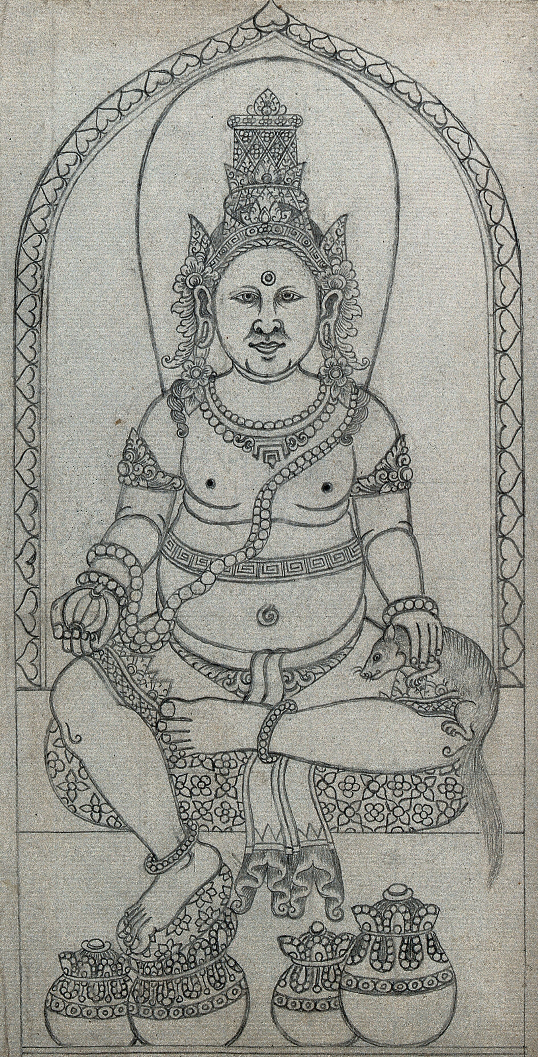 Temple sculpture: a seated figure. Pencil drawing. | Wellcome Collection