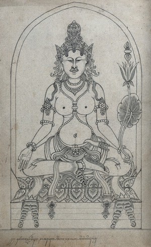 view Temple sculpture: a seated figure holding a lotus flower. Pencil drawing.