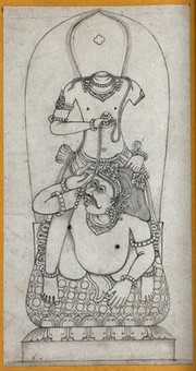 Temple sculpture: a headless figure standing over a crouching man. Pencil drawing.