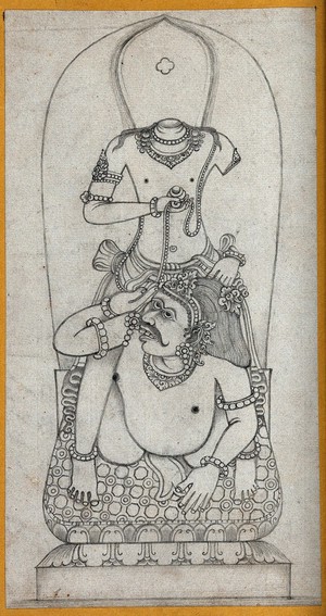 view Temple sculpture: a headless figure standing over a crouching man. Pencil drawing.