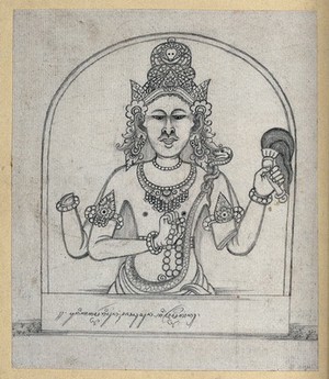 view Temple sculpture: a half-length figure holding a whip. Pencil drawing.