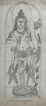 Temple sculpture: a standing figure holding a lotus flower. Pencil drawing.