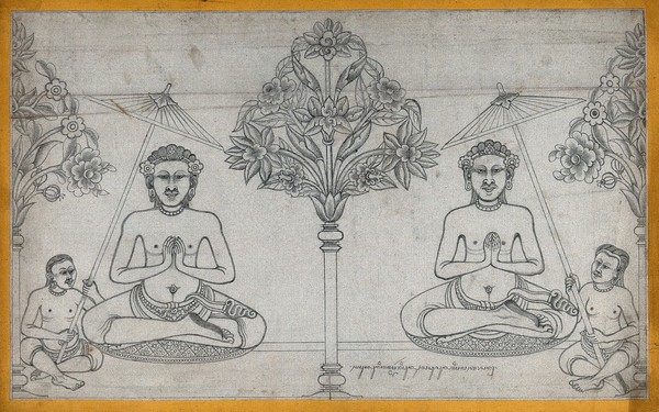 Temple sculpture: two seated figures divided by a tree. Pencil drawing.