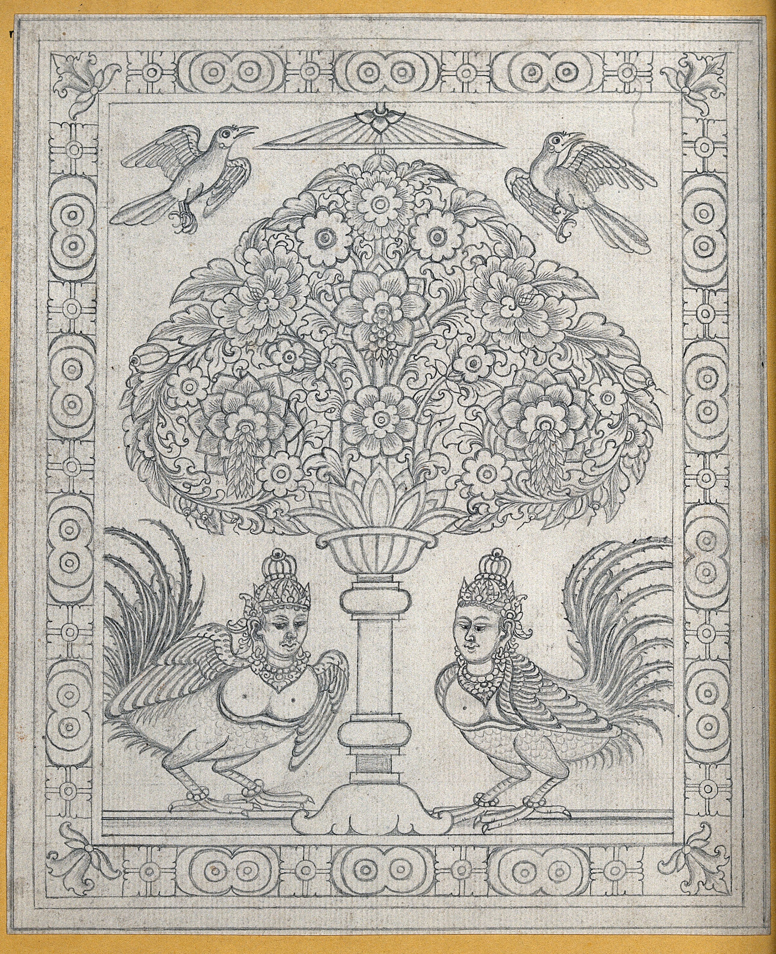 Temple Sculpture A Tree With Two Harpies And Two Birds Surrounded
