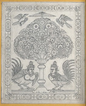 Temple sculpture: a tree with two harpies and two birds surrounded by a decorative border. Pencil drawing.