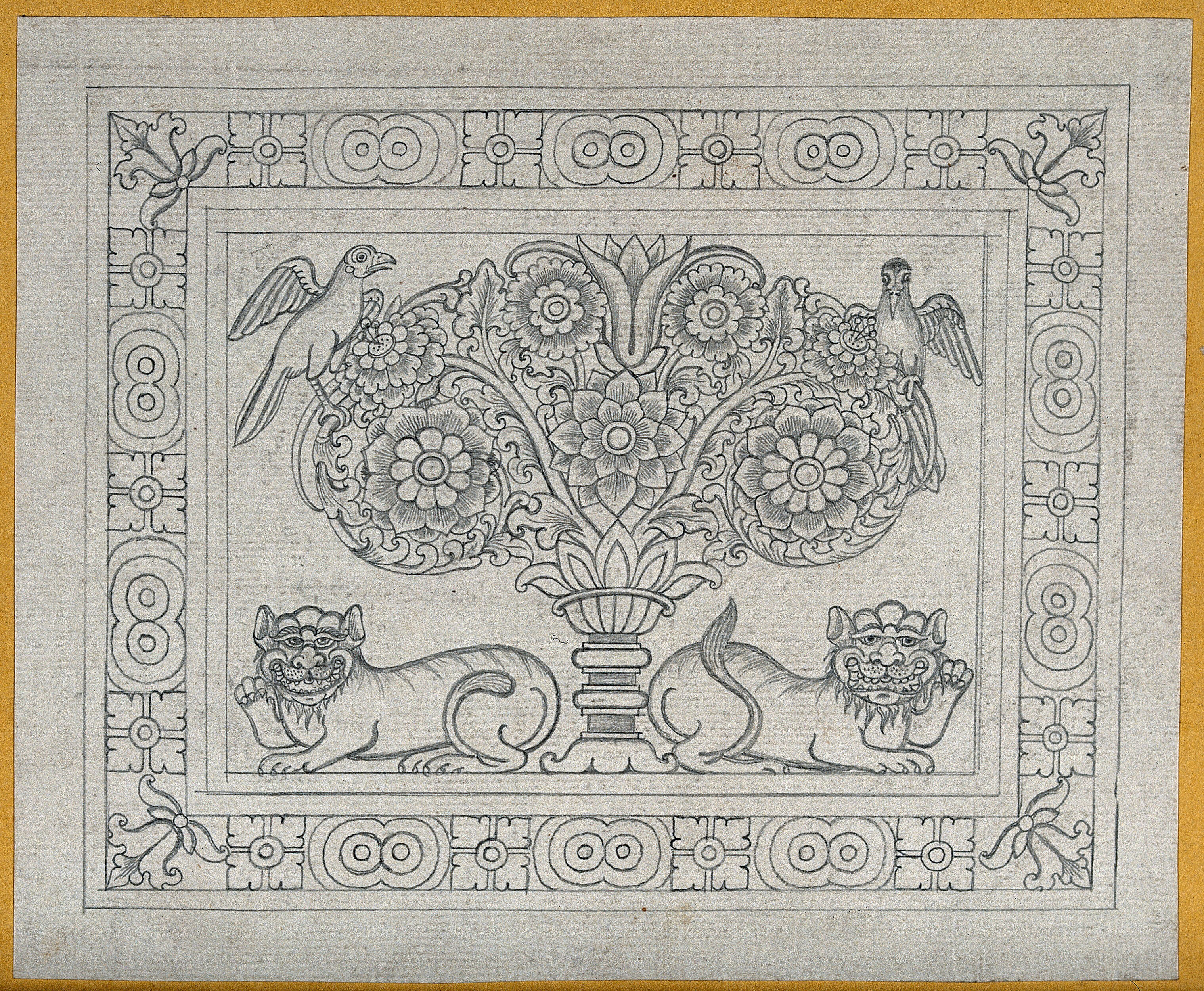 Temple Sculpture A Tree With Two Lions And Two Birds Surrounded