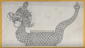 view Temple sculpture: a dragon-shaped vessel. Pencil drawing.