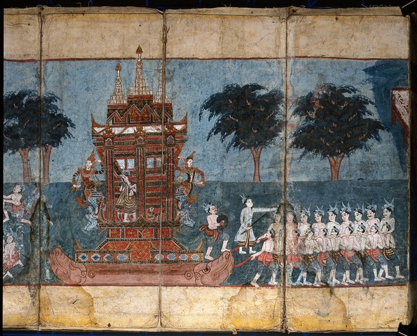 Burma: slaves (?) pulling a float towards the right. Gouache painting.