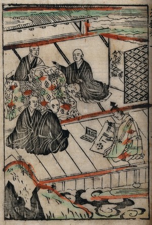 view Abe no Seimei, the Taoist astrologer, foretells the imminent death of the priest Chika, at his bedside; a young monk, Shoku, offers his life to save that of the dying man. Coloured woodcut, 1646.