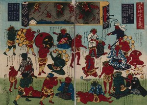 view Raijin (or Raiden), the god of thunder, receiving medical treatment. Colour woodcut by Kunitoshi, ca. 1884.