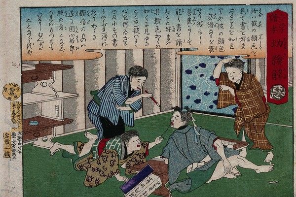 Boys playing at dentistry (?) Colour woodcut by Hiroshige III, ca. 1880.