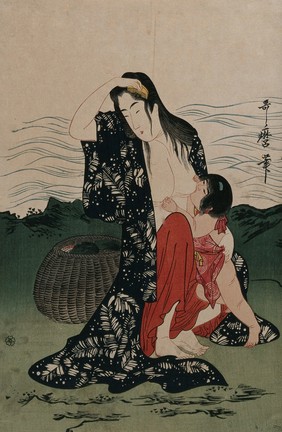 An ama (woman diver) on shore combs her wet hair while breast feeding a toddler. Colour woodcut after Utamaro, 1900/1920 (?).