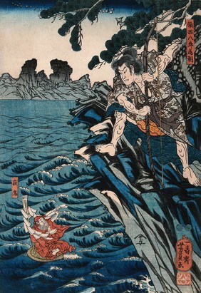 Tametomo banishes the smallpox demon from the Island of Oshima. Colour woodcut by Yoshikazu, 1851/1853.