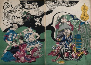 view People bewitched (?) by a tengu (Japanese mountain demon) Colour woodcut attributed to Kyōsai, 187-(?).