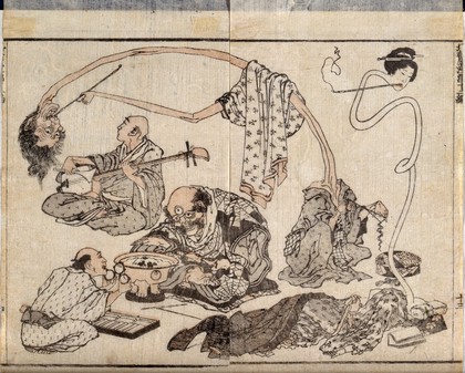 A man with three eyes is fitted with spectacles, watched by a man and woman with fantastically elongated necks, both smoking pipes; a Buddhist monk (?) playing a shamisen looks away. Coloured woodcut by K. Hokusai, 1834.