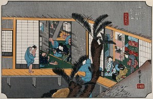 view A scene inside an inn: left, a guest is waited on by a servant girl bringing food, and by a blind masseur; right, in another room, geishas apply cosmetics to their faces. Reprint (ca. 1900) of coloured woodcut by Hiroshige, 1834.