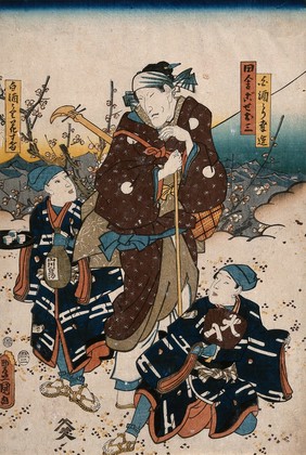 A blind minstrel is approached by two boys (possibly Kabuki actors) Coloured woodcut by Kunisada I, 1853 (?).