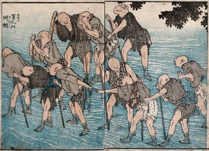 view Blind men fording a stream. Coloured woodcut by K. Hokusai, 1849 (?).