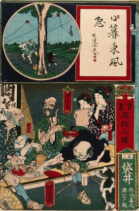Two blind men being robbed of their sake pot at an inn; above, in a roundel, a kite-flying scene. Coloured woodcut by Shigekiyo, Yoshitora and Kyōsai, ca. 1870 (?).