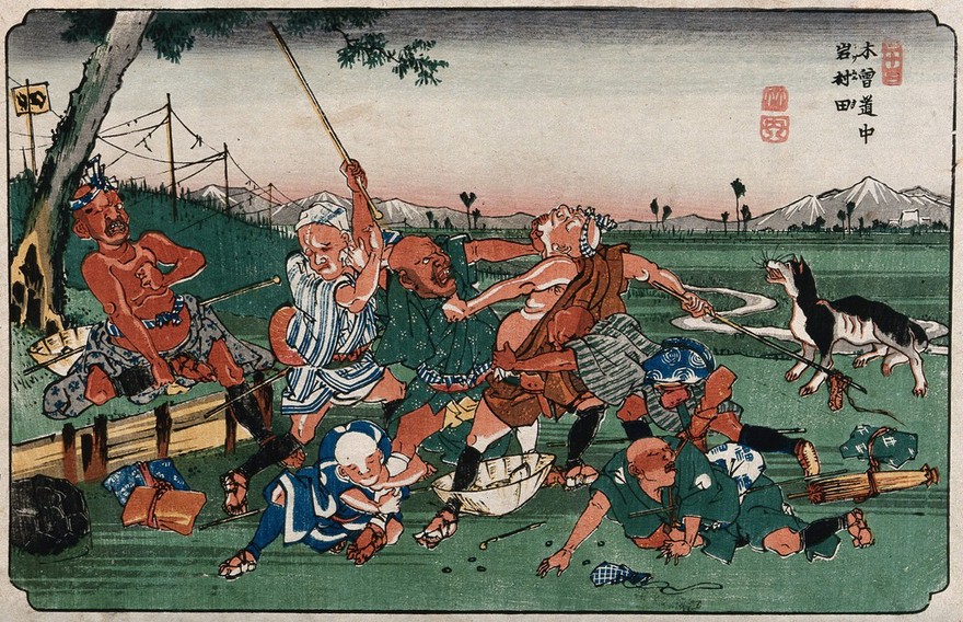 Seven blind masseurs fighting: a scene at Iwamurata. Coloured woodcut by Eisen and Hiroshige, 1839 (?).