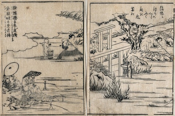 A riverbank scene with fishermen, one of whom is wearing spectacles. Woodcut by Shunchōsai, 1791.