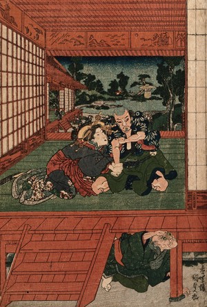 view A scene of jealousy; a bespectacled older man spies on a couple from beneath a verandah. Coloured woodcut by Kunisada I, ca. 1830 (?).
