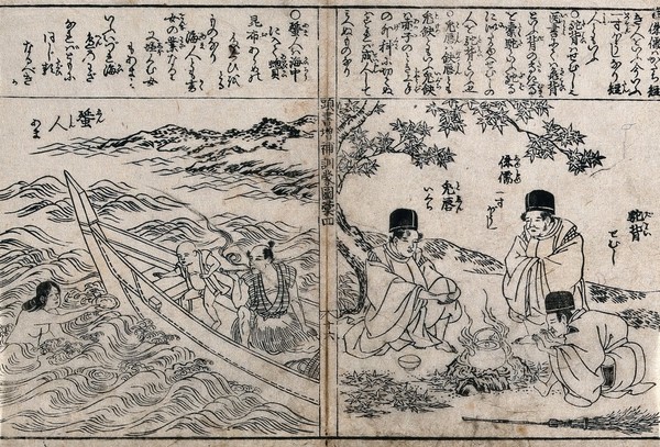 Left, a naked female diver hands an awabi (haliotis gigantea) shell to a man and a boy waiting in a boat; right, three men with deformities sit around a fire. Woodcut attributed to Jūsui, 1789.