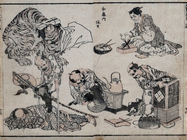 Above left, a tiger (?) restrained with a collar and a cloth over its head; left, a man on crutches steps over a sleeping man; centre, a man fans a stove on which a kettle is placed, watched by a man (right) kneeling by a cabinet (?); above right, an old woman sharpens (?) a knife. Coloured woodcut by Hokusai, 1834.