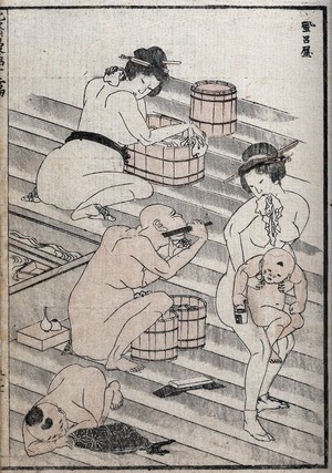 view A communal bath house: women and children washing, a Buddhist nun shaving her head. Coloured woodcut by Hokusai, 1834.