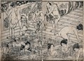 view Men and women in a communal bath house. Woodcut by Yoshitora, 1860.