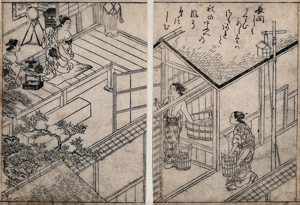 Left, a woman undressing (?) to take a bath; right, two women preparing a bath. Woodcut by Sukenobu, 1736.