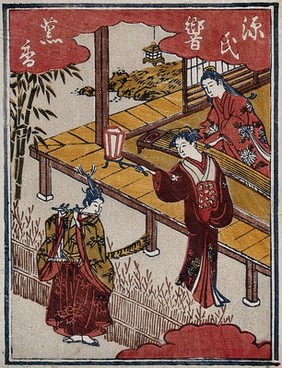 The samurai Minamoto Yoshitune serenading Joruri Hime. Colour woodcut, ca. 1850 (?).