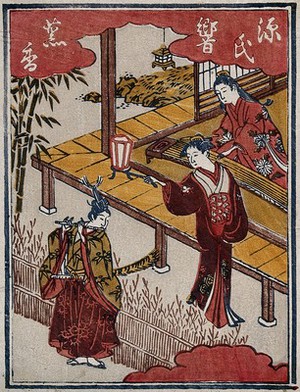 view The samurai Minamoto Yoshitune serenading Joruri Hime. Colour woodcut, ca. 1850 (?).