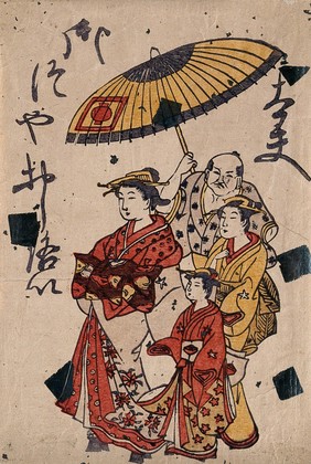 A tayu (elite courtesan) on parade with her two kamuro (child attendants): a male attendant shields them with a parasol. Colour woodcut, ca. 1850 (?).