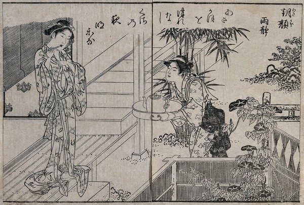 Left, a woman cleaning her teeth; right, a servant brings washing water. Woodcut by Shigemasa, 1778.