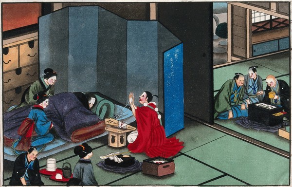 Japanese funeral customs: a grieving family at the bedside of a dead man. Watercolour, ca. 1880 (?).