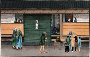 view Japanese funeral customs: outside the dead man's house. Watercolour, ca. 1880 (?).