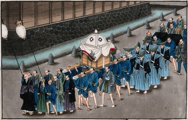 Japanese funeral customs: the cortège proceeds towards the temple. Watercolour, ca. 1880 (?).