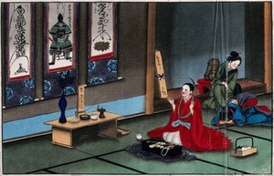 view Japanese funeral customs: a kneeling, red-robed Buddhist chief priest chants before the picture of a family ancestor. Watercolour, ca. 1880 (?).