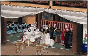 view Japanese funeral customs: the coffin, enclosed in a palanquin lies in the temple. Watercolour, ca. 1880 (?).