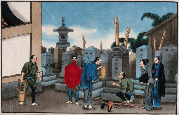 Japanese funeral customs: watched by two mourners, an attendant prepares to place the urn containing the ashes in the opened grave. Watercolour, ca. 1880 (?).