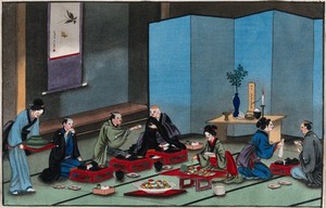 view Japanese funeral customs: in the house of the dead man, relatives share a meal with a Buddhist monk. Watercolour, ca. 1880 (?).