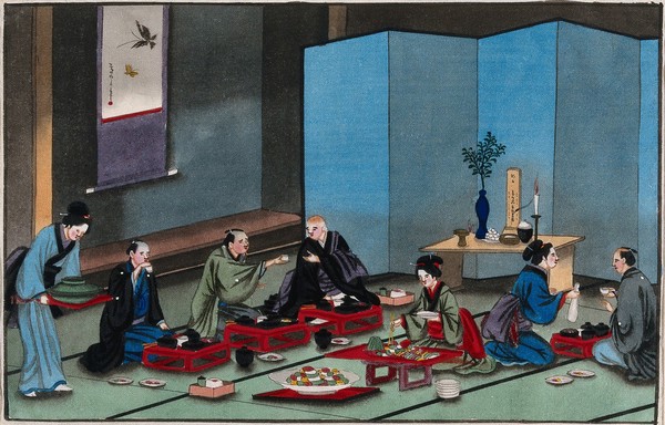 Japanese funeral customs: in the house of the dead man, relatives share a meal with a Buddhist monk. Watercolour, ca. 1880 (?).