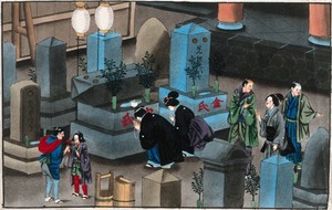 view Japanese funeral customs: relatives pay their respects at the ancestral grave. Watercolour, ca. 1880 (?).