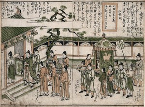 view A Chinese wedding: the bride is carried to her new home. Colour woodcut by Shigemasa, ca. 1810.