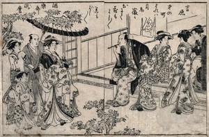 view A courtesan promenades at the cherry blossom festival in the Yoshiwara. Woodcut by Kitagawa, 1790.