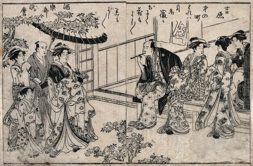 A courtesan promenades at the cherry blossom festival in the Yoshiwara. Woodcut by Kitagawa, 1790.