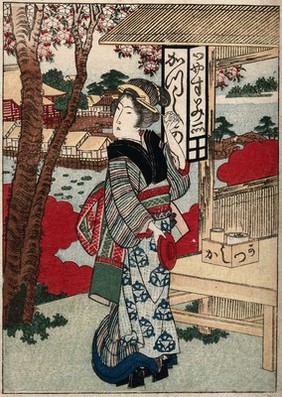 A teahouse waitress. Coloured woodcut by Gakutei, ca. 1840 (?).