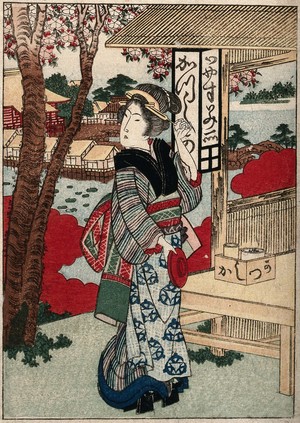 view A teahouse waitress. Coloured woodcut by Gakutei, ca. 1840 (?).