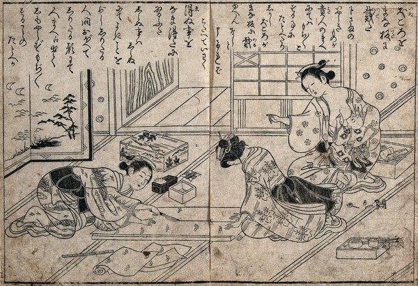 A young woman holds a piece of patterned cloth securely while another cuts it carefully with a knife; right, a woman breastfeeding a baby directs them. Woodcut by Ishikawa Toyonobu, ca. 1765.